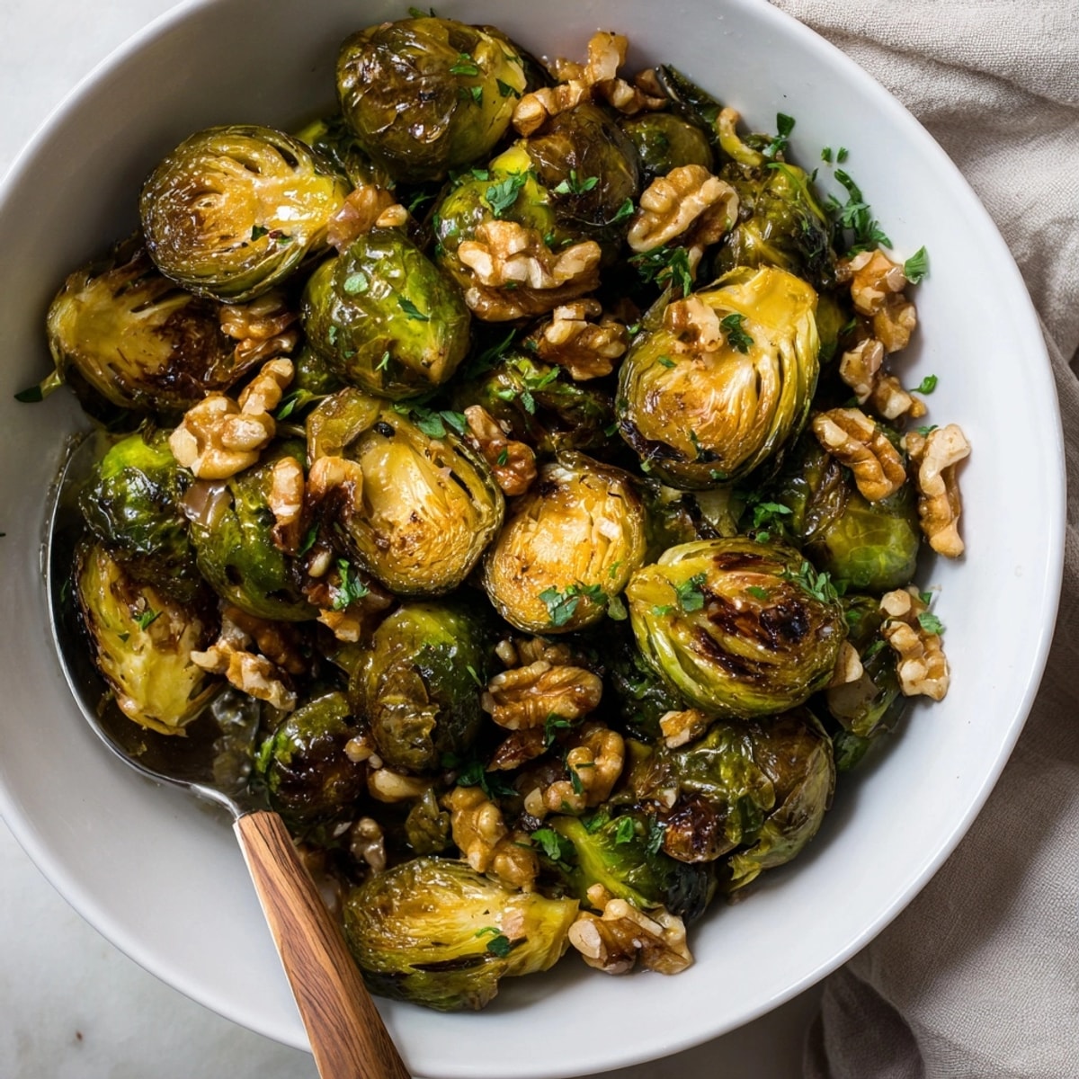 Golden Maple Glazed Brussels Sprouts with Walnuts, glistening, roasting on parchment, a savory-sweet side.