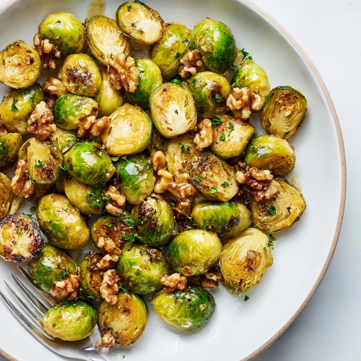 Overhead shot of tender Maple Glazed Brussels Sprouts with Walnuts, ready to serve with fresh parsley.