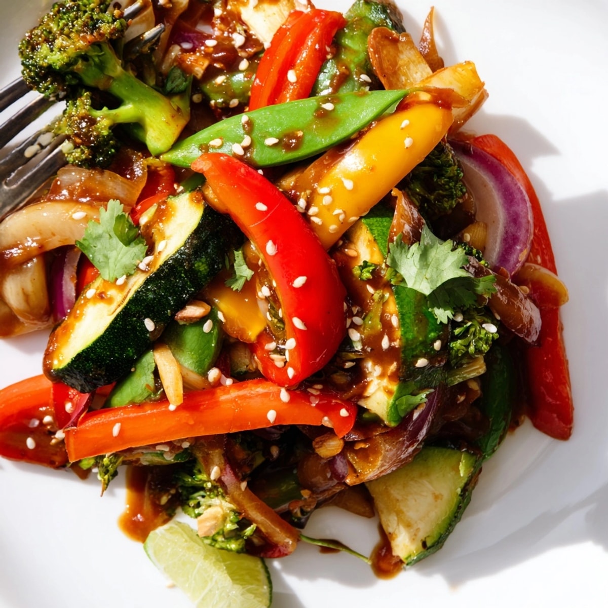 Vibrant Ancho Chile Vegetable Stir-Fry: a colorful close-up shows crisp, saucy veggies.