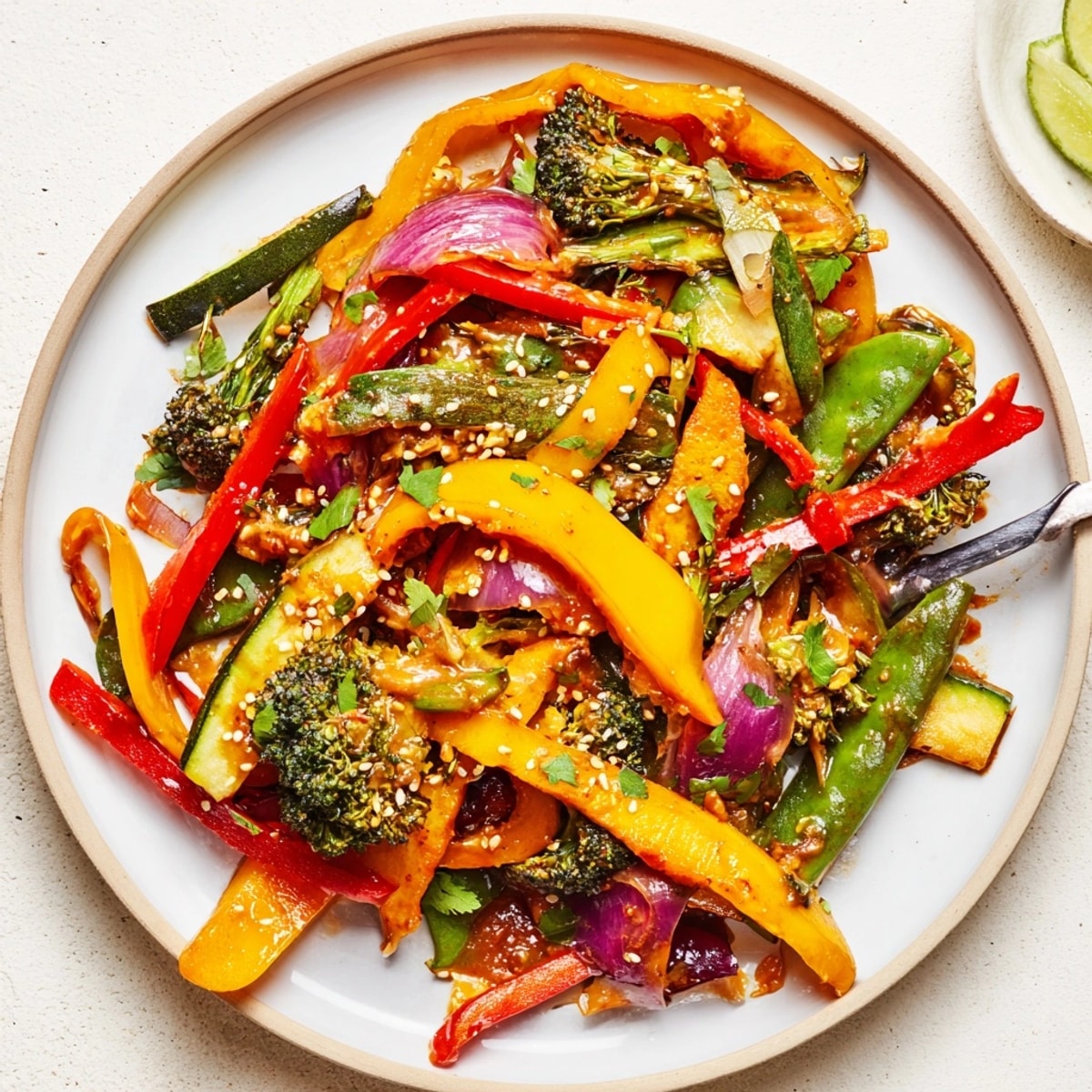 Top-down view of richly colored Ancho Chile Vegetable Stir-Fry garnished with cilantro and sesame.