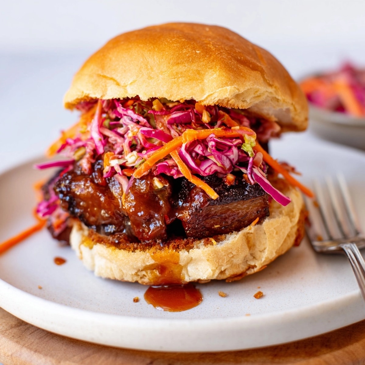 Close-up of Bourbon Glazed Pork Belly Sliders: tender pork, crunchy slaw, warm buns.