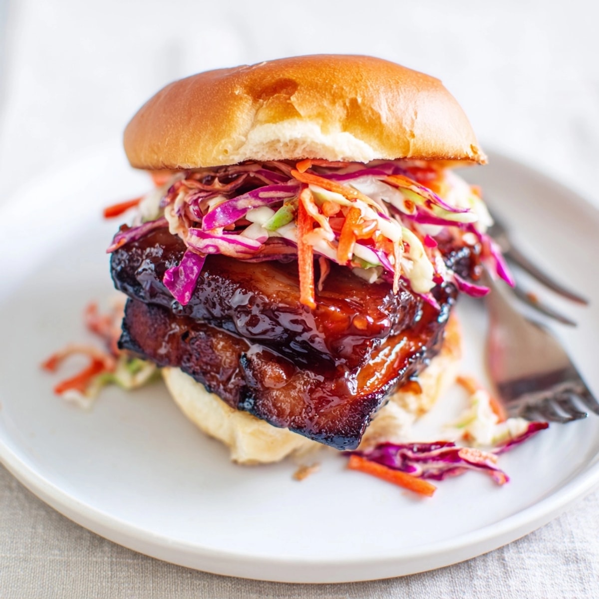 Homemade Bourbon Glazed Pork Belly Sliders with a cool, crisp slaw topping.