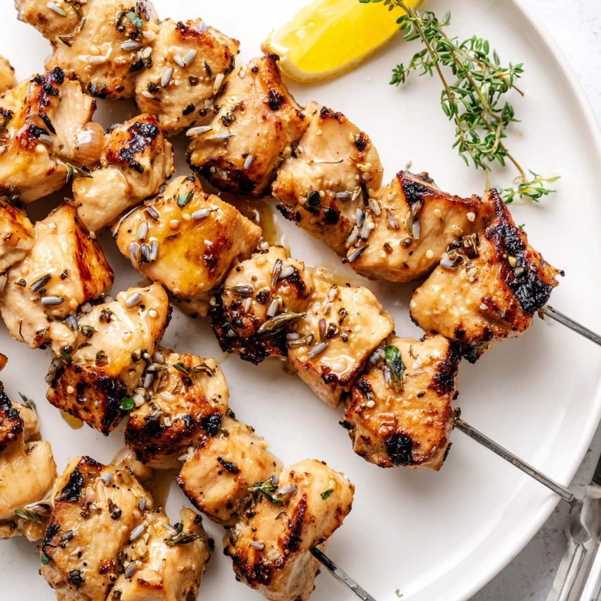 Grilled Honey Lavender Chicken Skewers: golden-brown and glistening, ready to serve with fresh lemon.