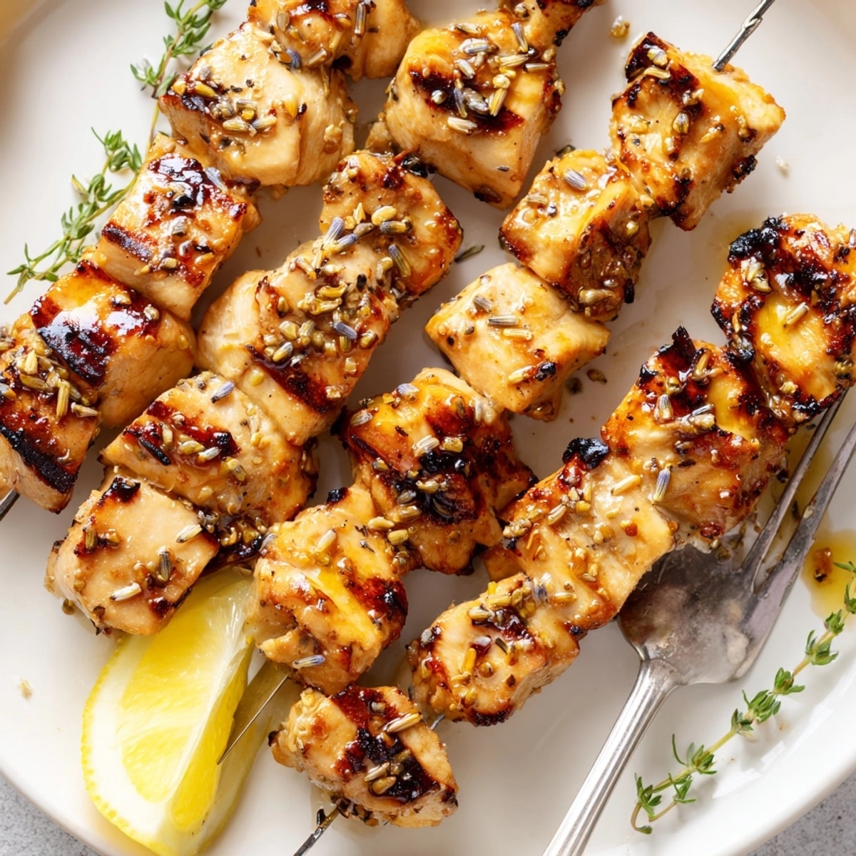 Close-up of juicy Honey Lavender Chicken Skewers sizzling on the grill, aromatic and flavorful.