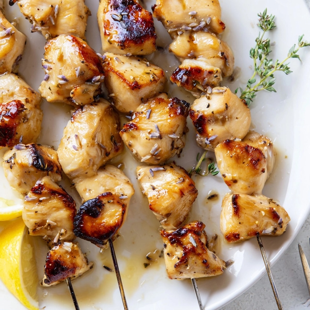 Summer dinner: Plate of Honey Lavender Chicken Skewers, a fragrant, gluten-free main dish.