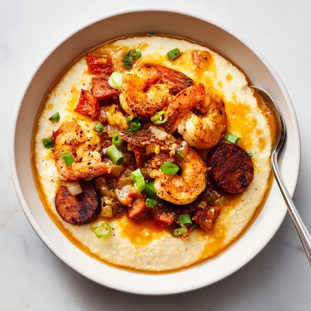 Creamy Cajun Shrimp & Grits with Andouille: golden shrimp over cheesy grits, southern comfort.