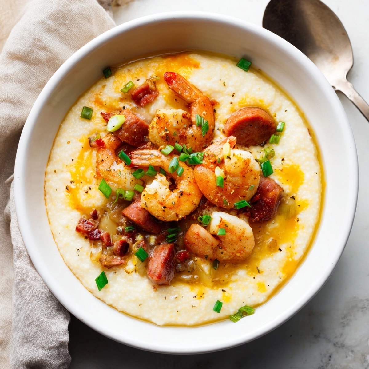 Spicy Cajun Shrimp and Grits recipe with smoked andouille, ready for cool weather.