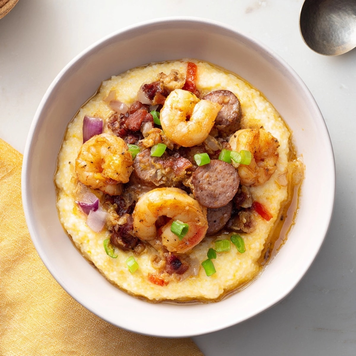 Southern Cajun Shrimp & Grits: Warm bowl of cheesy grits topped with spicy shrimp.