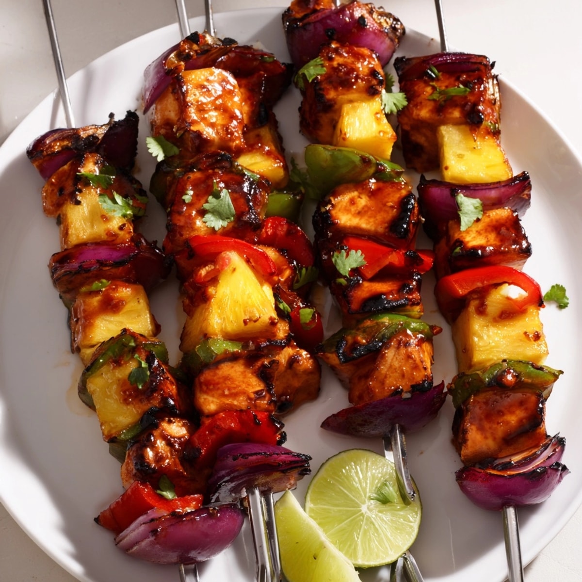 Grilled Sweet & Savory Pineapple Chicken Skewers sizzling on the grill, colorful and aromatic.