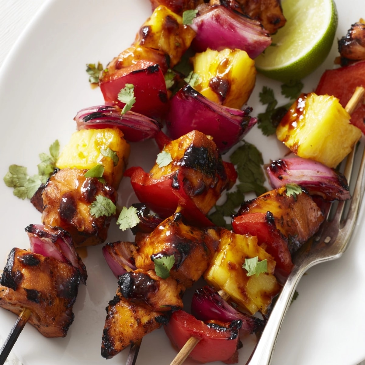 Close-up of juicy Sweet &amp; Savory Pineapple Chicken Skewers, a delicious tropical meal idea.