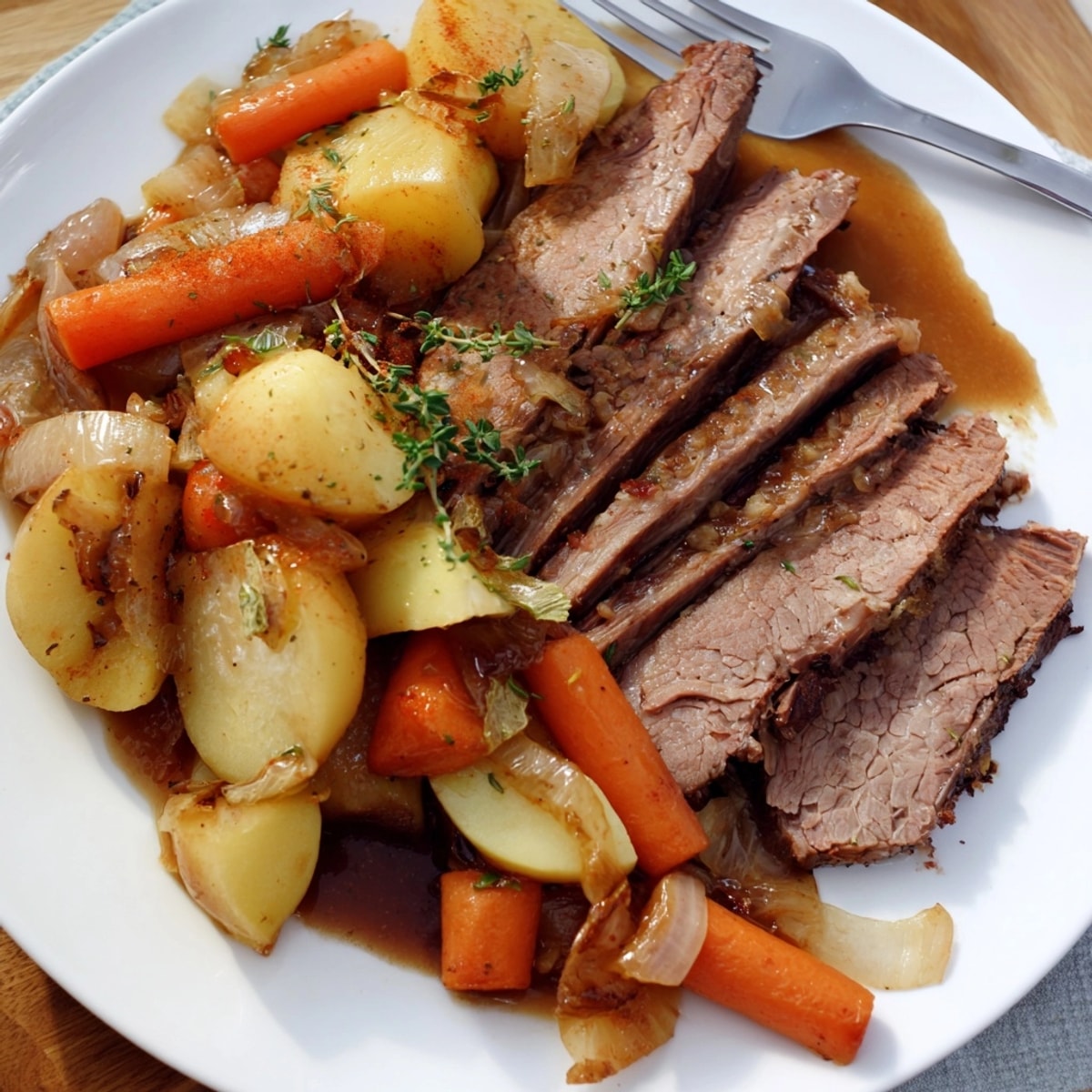 Fork-tender beer-braised brisket and vibrant root vegetables, a classic dish perfect for a holiday dinner.