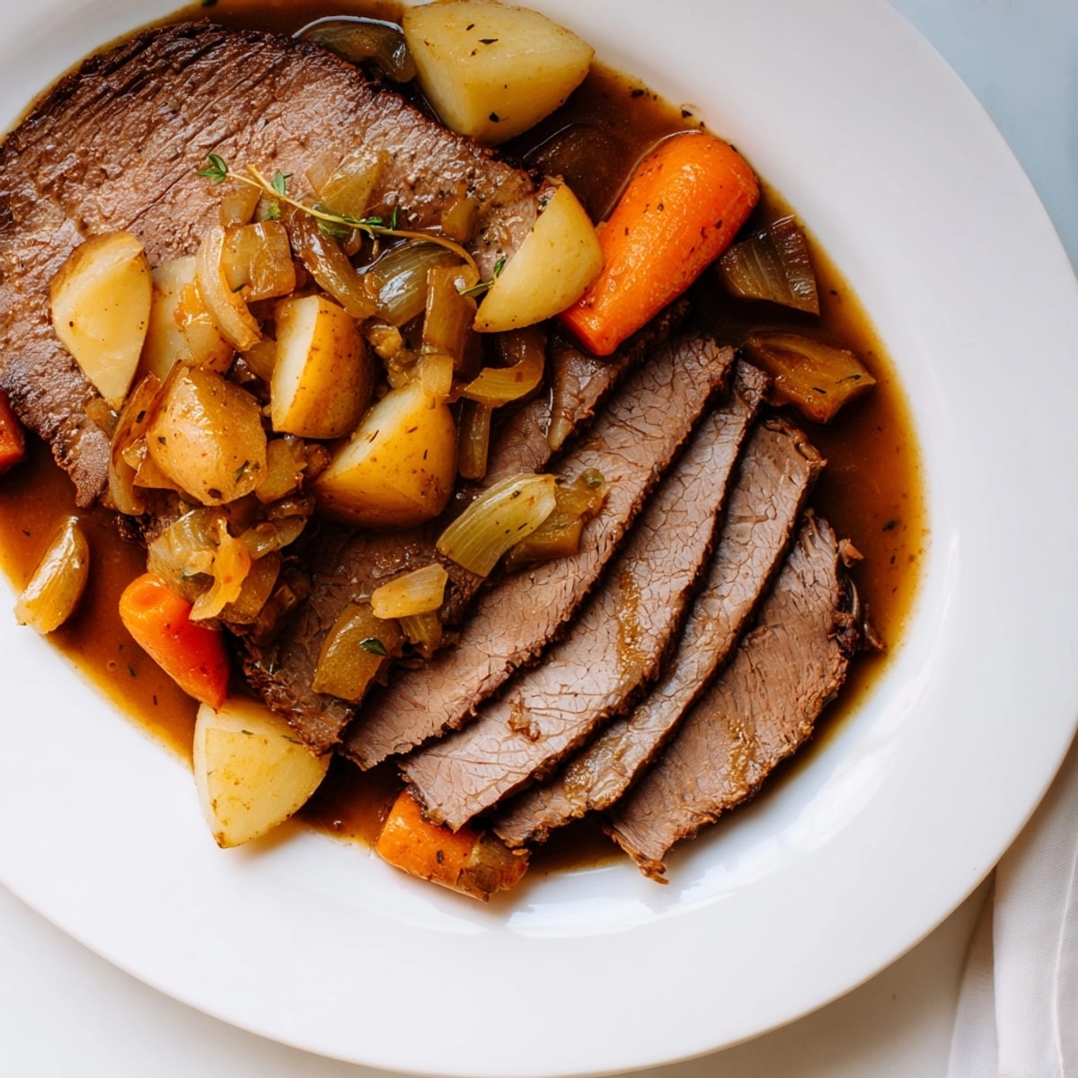 Close-up of juicy beer-braised brisket & root vegetables, glistening with rich, savory braising liquid.