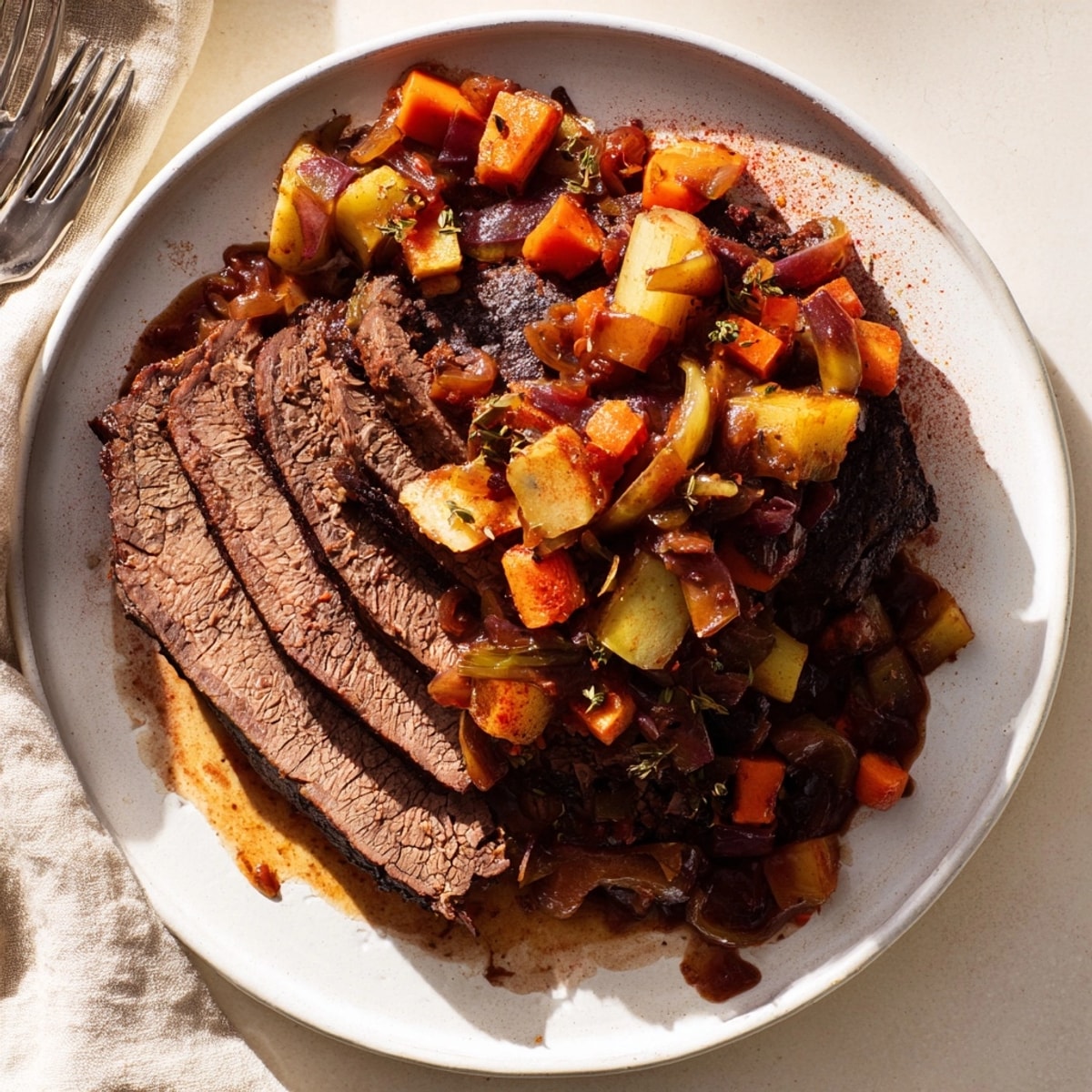 A rustic Dutch oven filled with tender beer-braised brisket, plated with hearty vegetables and gravy.