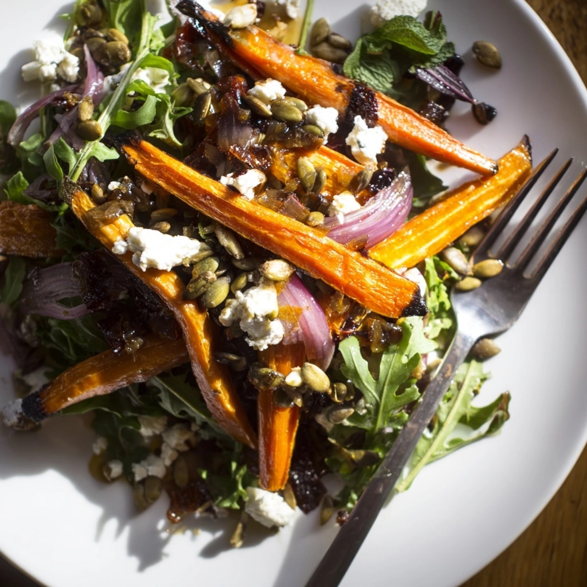 Golden Roasted Carrot & Feta Salad glistens; topped with herbs and pumpkin seeds.