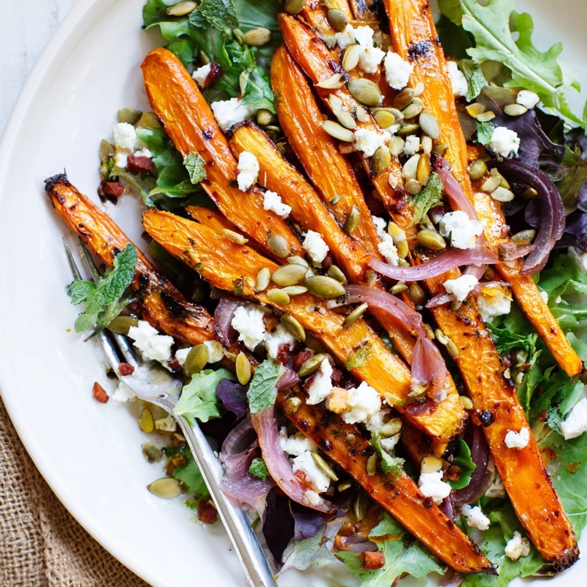 A serving of warm Roasted Carrot &amp; Feta Salad, drizzled with tangy lemon dressing.