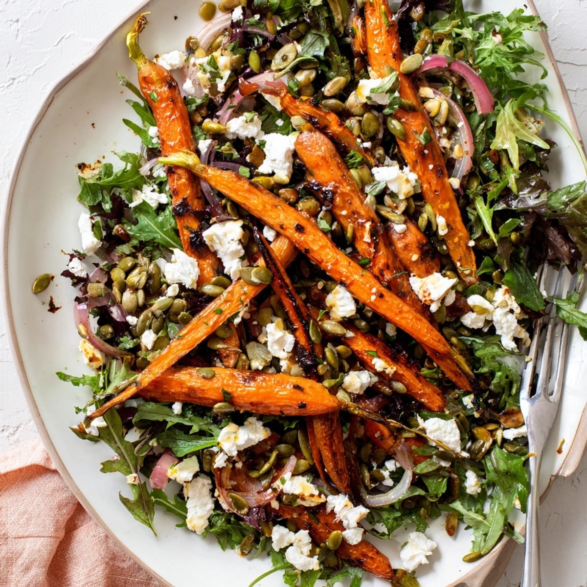 Close-up of vibrant Roasted Carrot &amp; Feta Salad: feta crumbles, sweet carrots, fresh herbs.