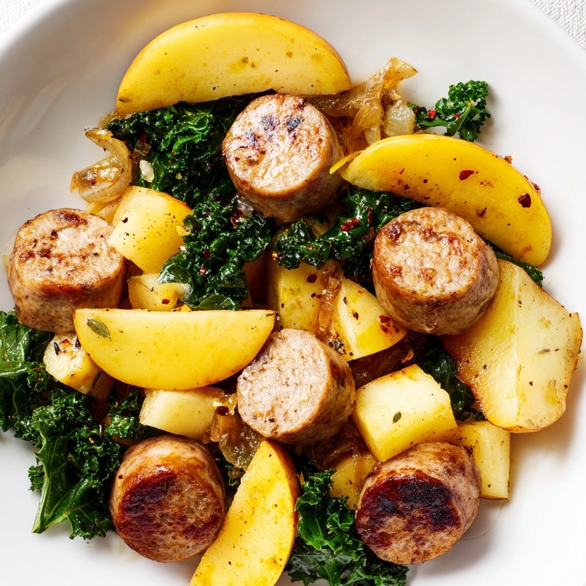 Golden Spiced Apple & Kale Chicken Sausage Bake, sizzling with fragrant spices for dinner.