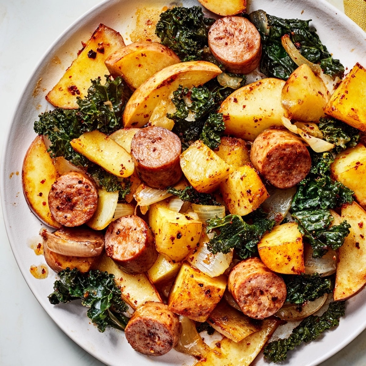 Close-up of a warm, vibrant Spiced Apple &amp; Kale Chicken Sausage Bake fresh from the oven.