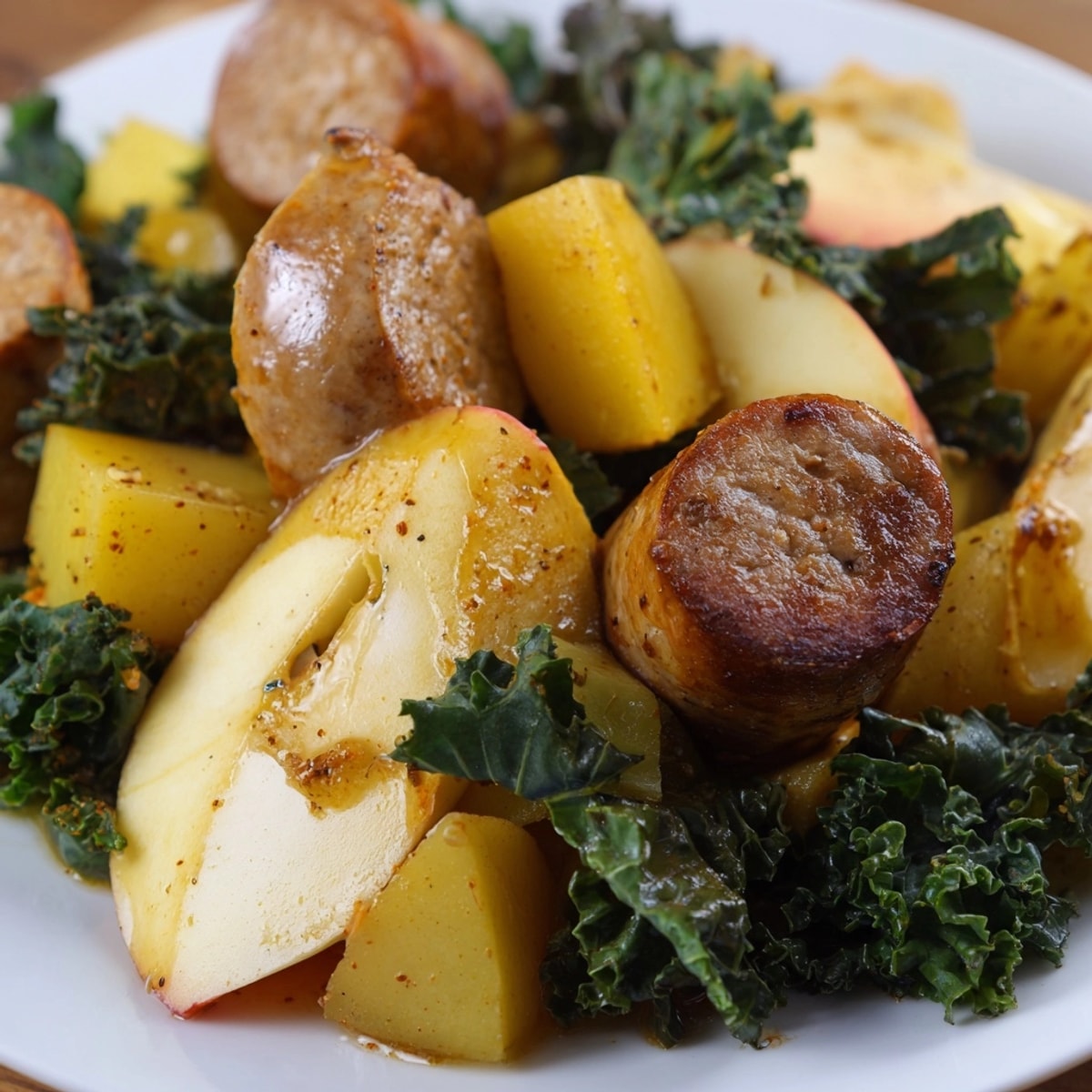 Easy one-pan dinner: bake this juicy Spiced Apple &amp; Kale Chicken Sausage Bake tonight.