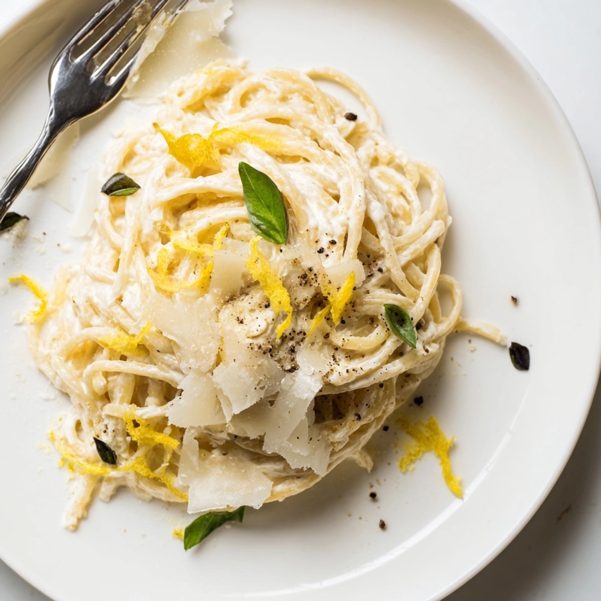 Finished Lemon Basil Ricotta Pasta, steaming and topped with Parmesan and fresh basil.
