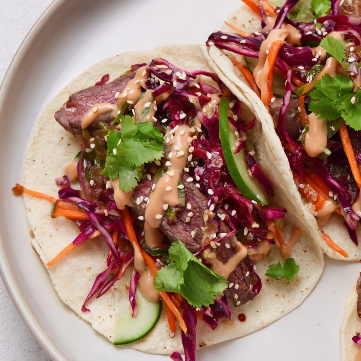 Close up of Korean Beef Tacos: vibrant slaw, spicy sauce dripping down.