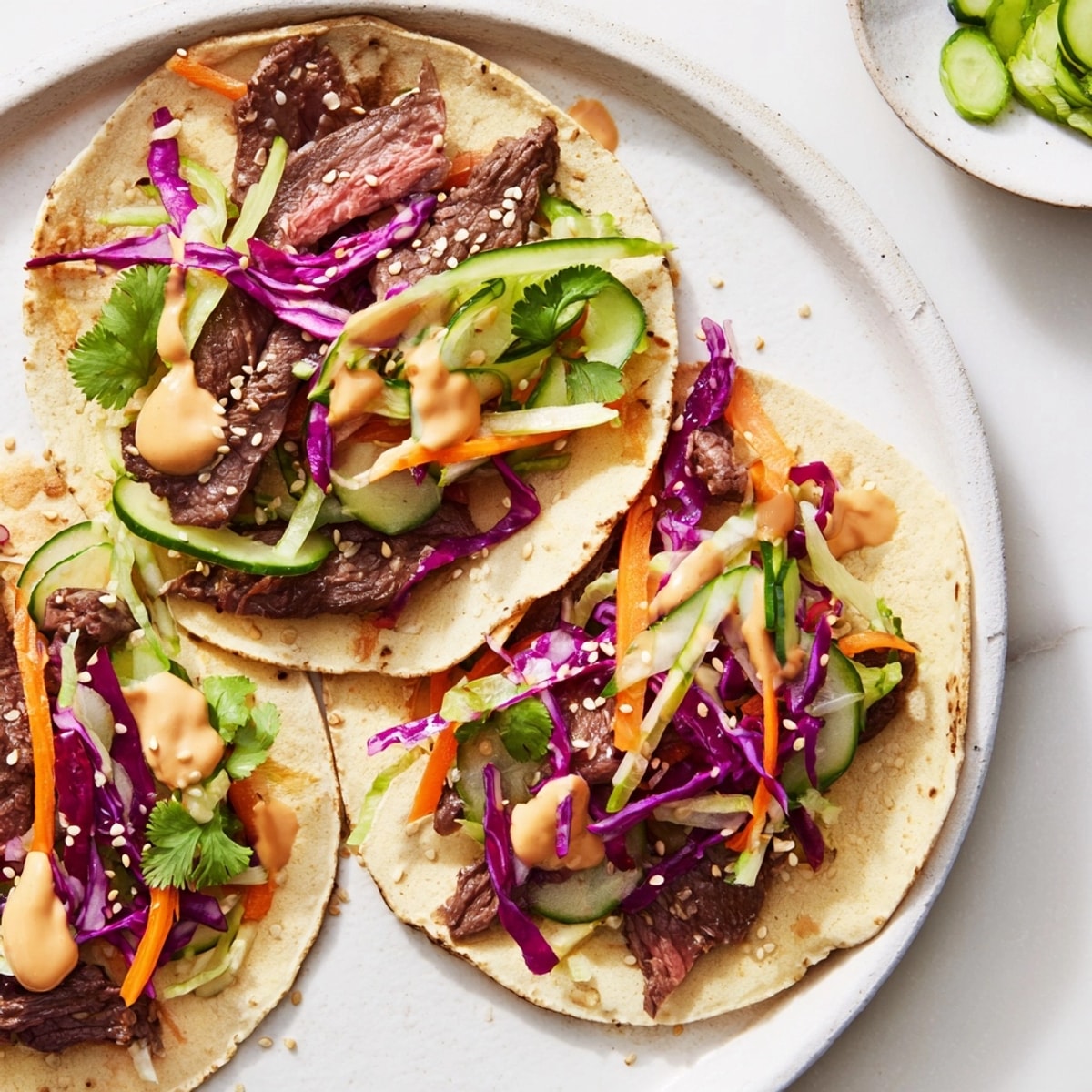 Warm, soft tortillas overflow with savory Korean Beef Tacos, drizzle with creamy sauce.