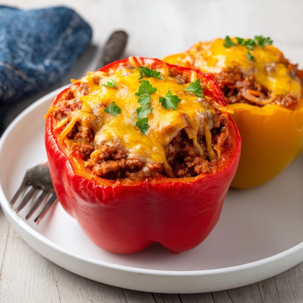 Cheesy Sloppy Joe Stuffed Peppers, fresh from the oven, steam rising with savory aroma.