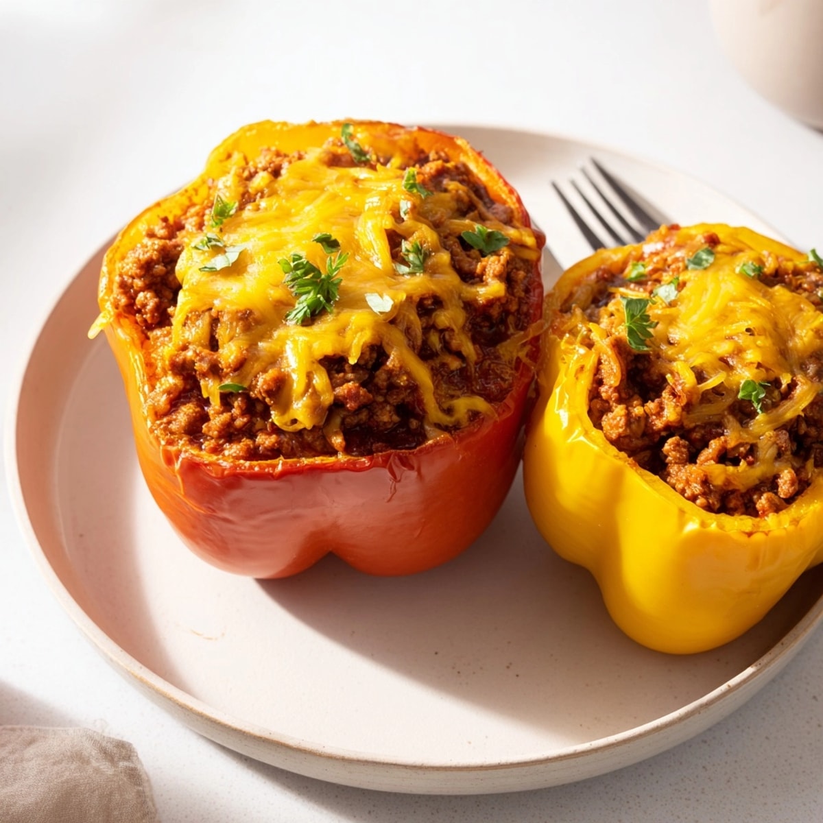 Golden, bubbly cheddar melts over Sloppy Joe Stuffed Peppers in a vibrant baking dish.