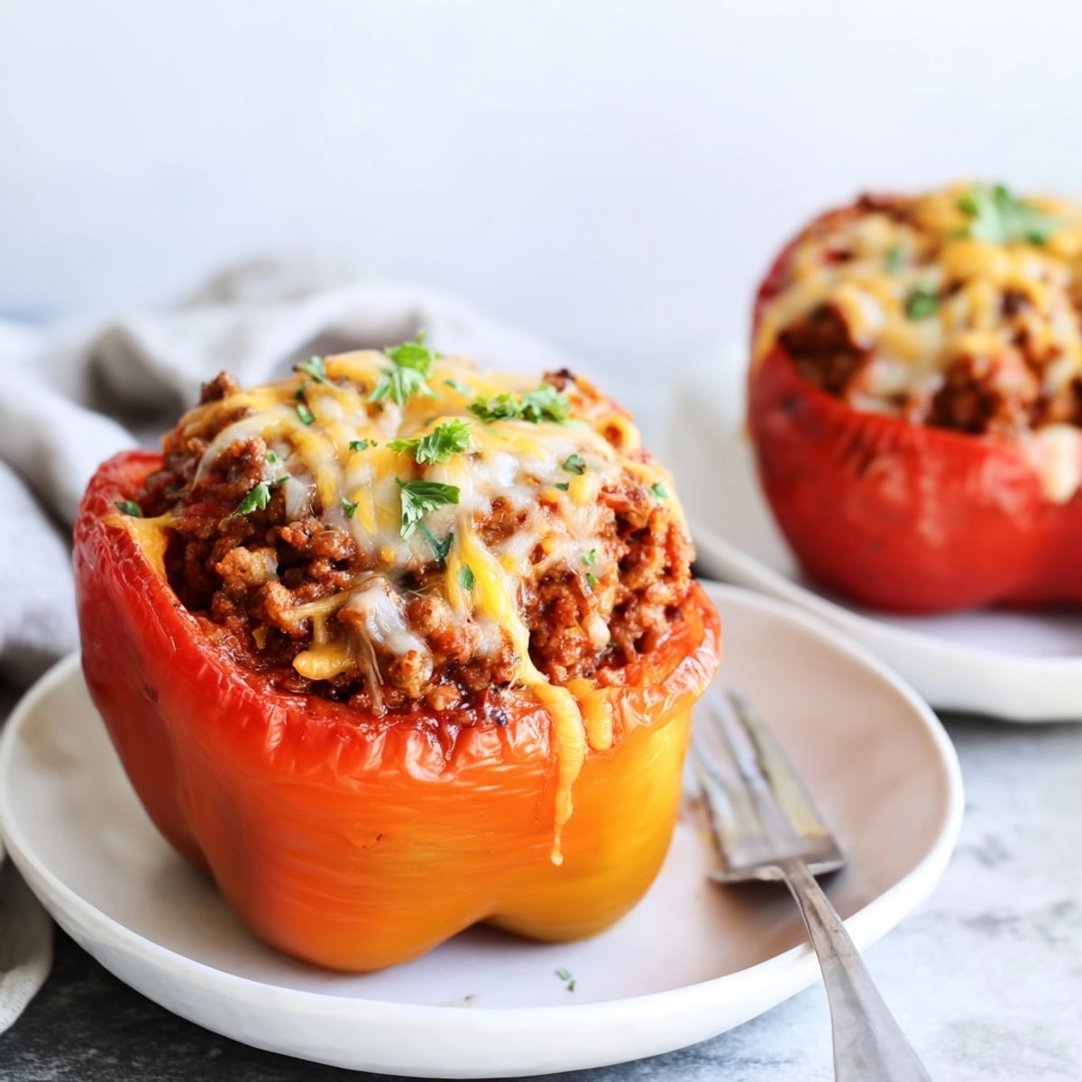 Close-up of a Sloppy Joe Stuffed Pepper, showcasing the textured, meat-filled center.