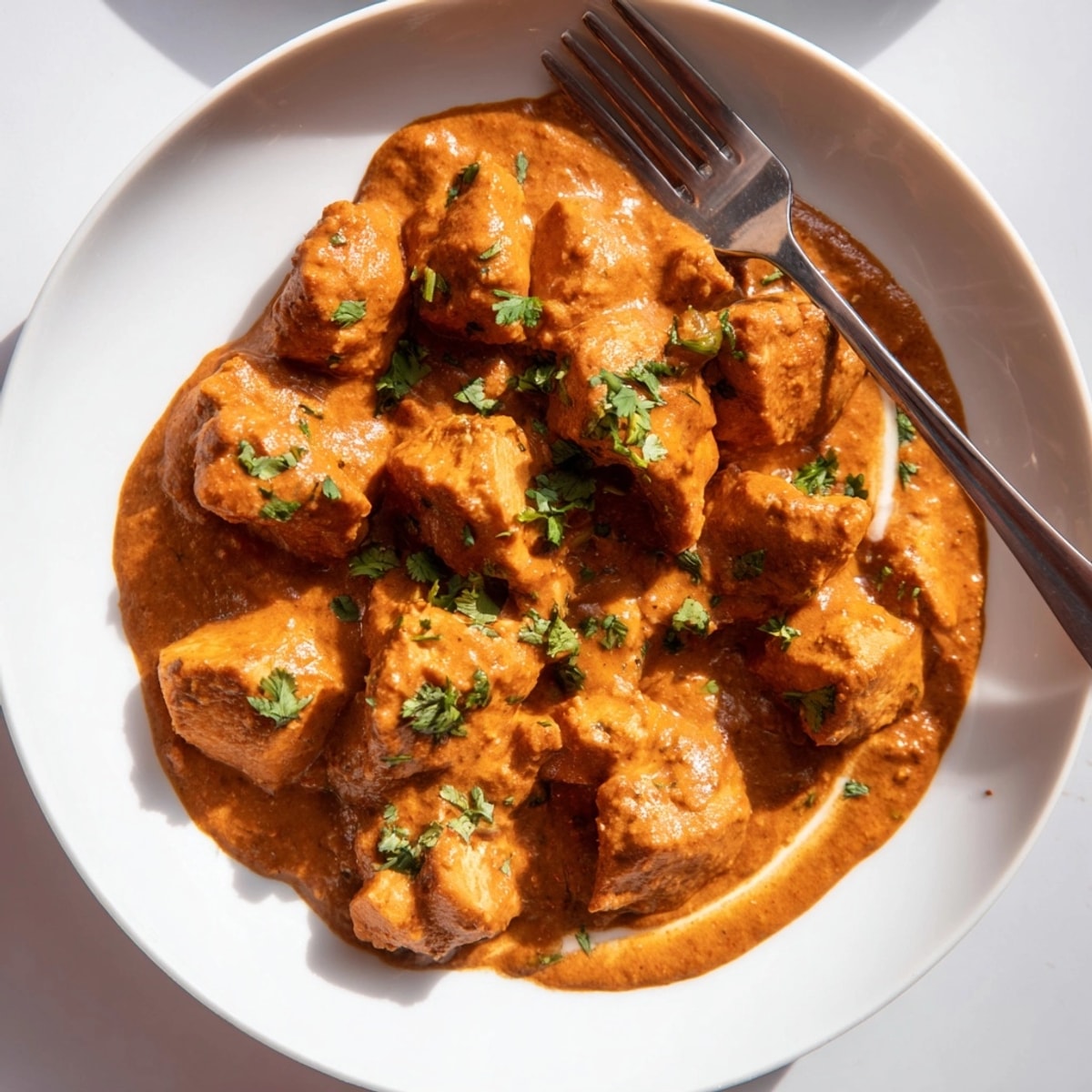 Homemade Chicken Tikka Masala: golden chicken in a creamy, warmly spiced sauce, close-up.