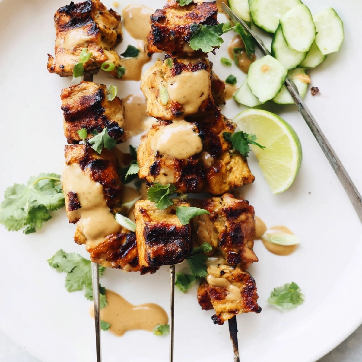 Grilled Satay Chicken Skewers: fragrant Southeast Asian delight, served with creamy peanut sauce.
