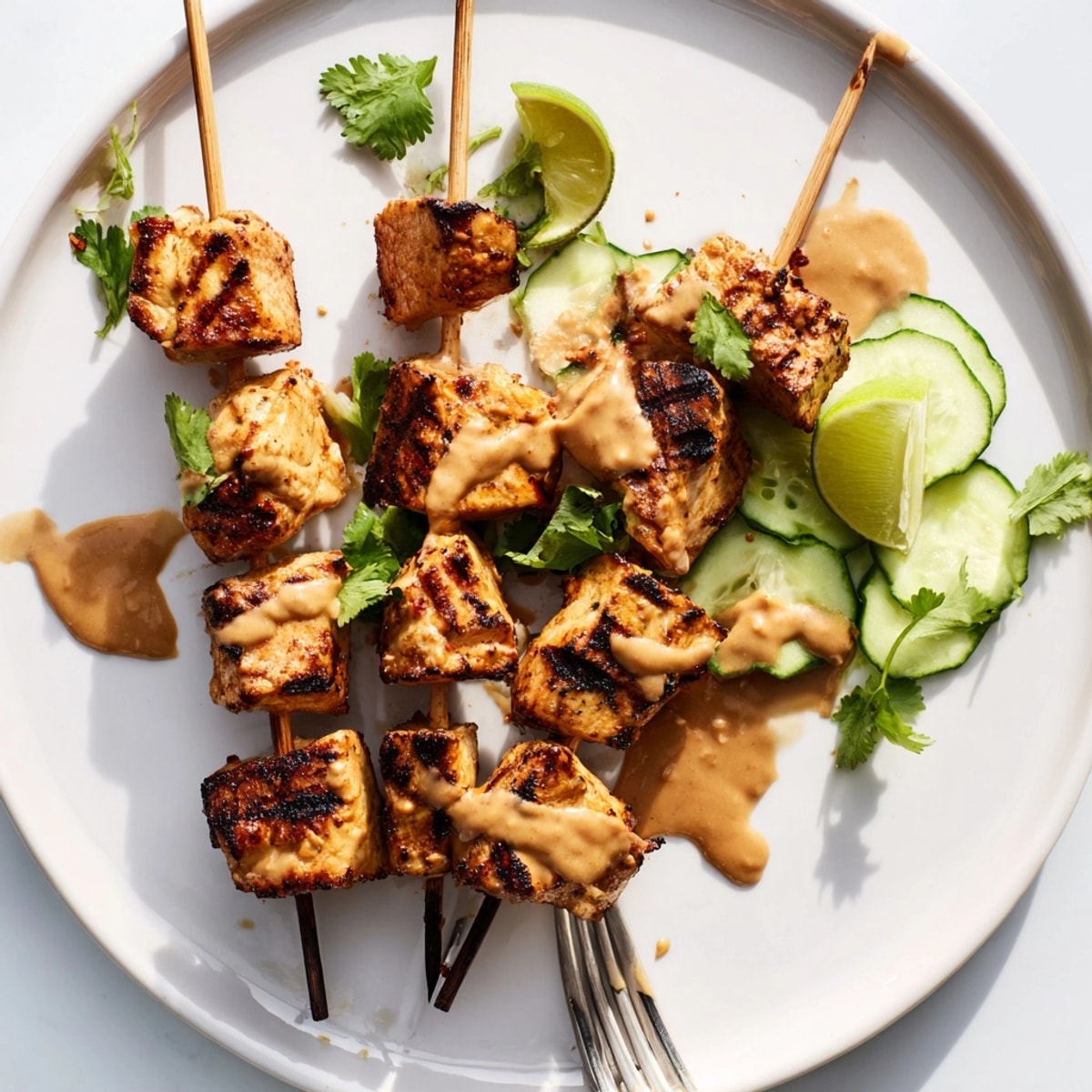Close-up of juicy Satay Chicken Skewers glistening with marinade, ready to enjoy.