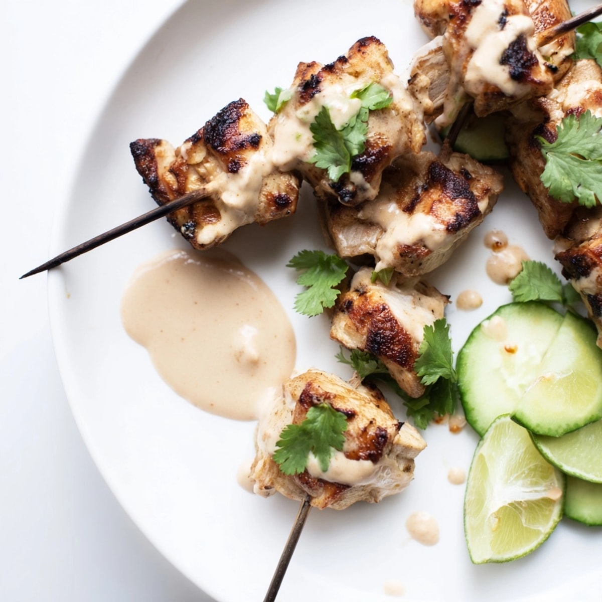 Homemade Satay Chicken Skewers recipe; a colorful, easy dinner paired with fresh garnishes.