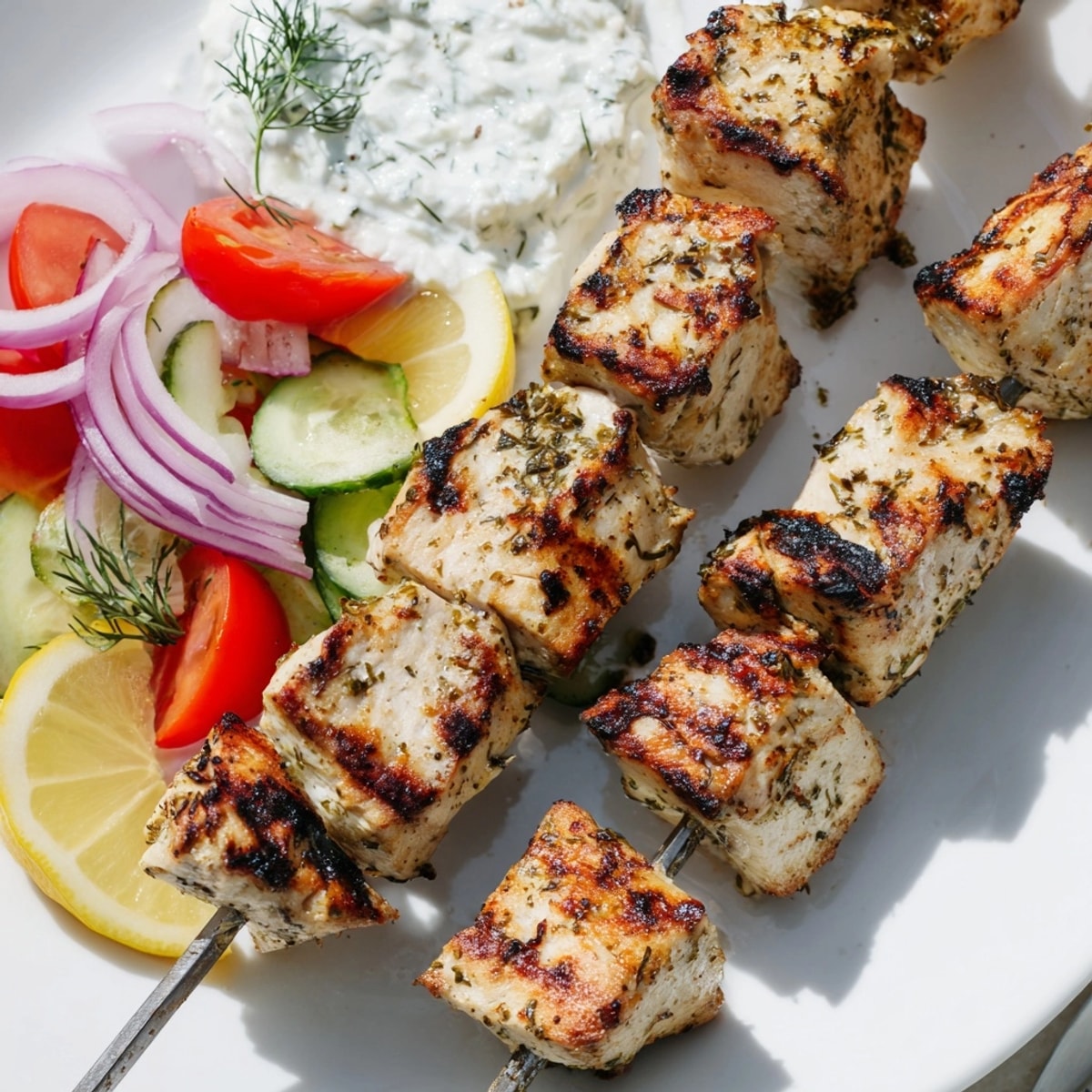 Grilled Greek Chicken Souvlaki skewers, glistening with marinade, next to creamy tzatziki.