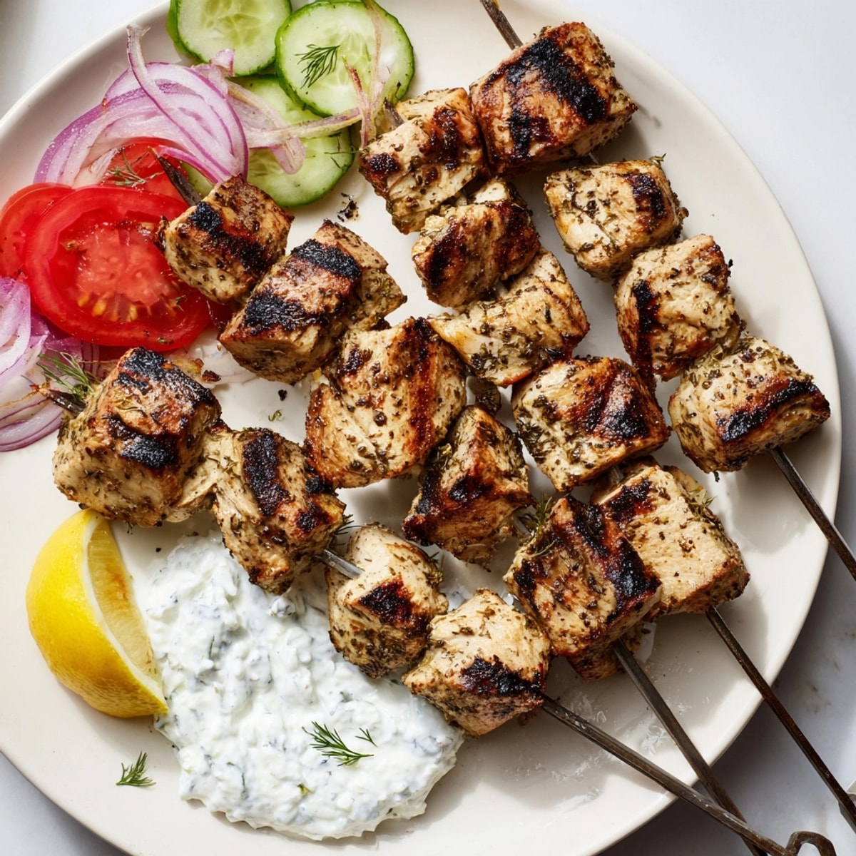 Juicy Greek Chicken Souvlaki recipe, served with pita, tomatoes, and cooling tzatziki sauce.