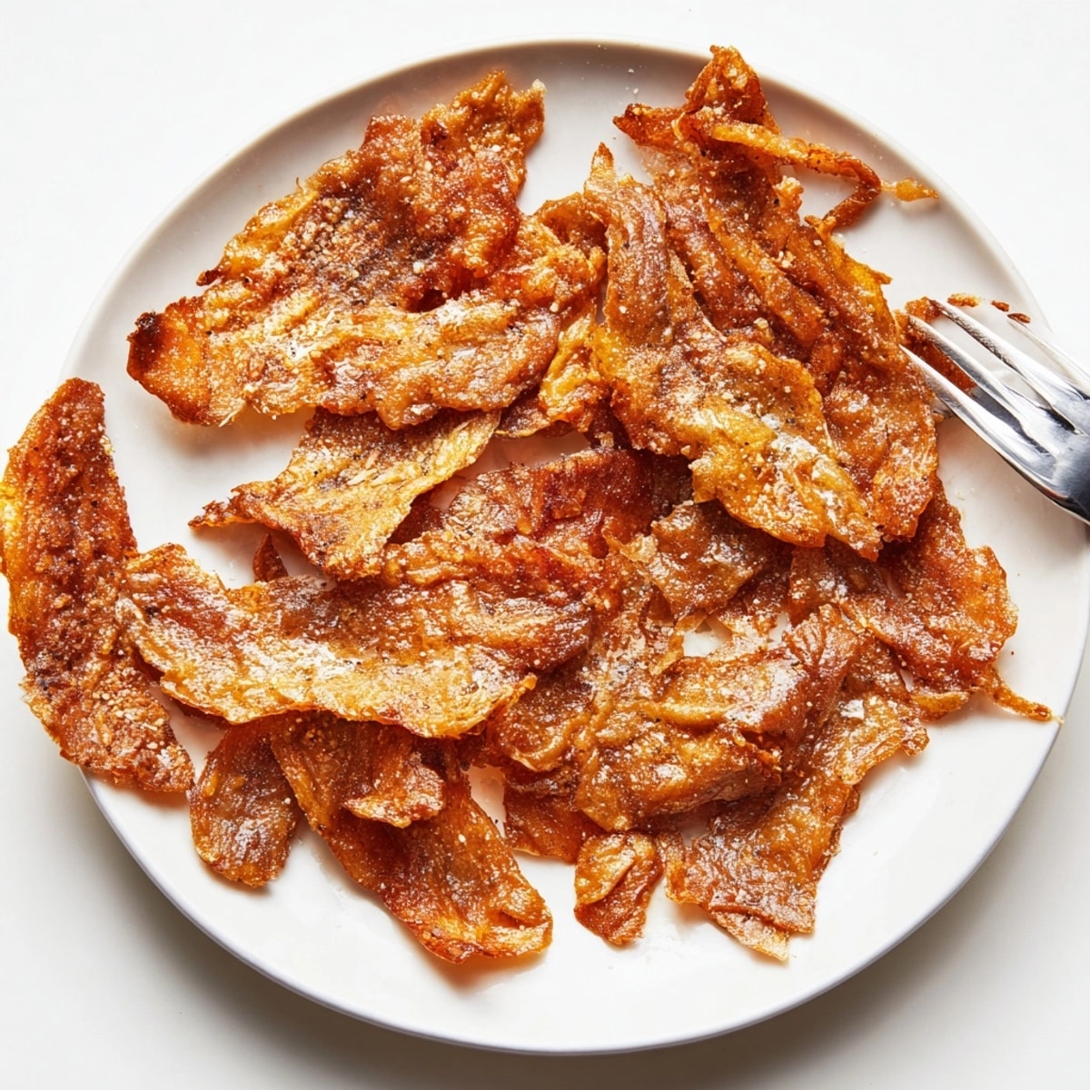 Close-up image of oven-baked Crispy Chicken Skin with crackling, savory spices for an easy appetizer.