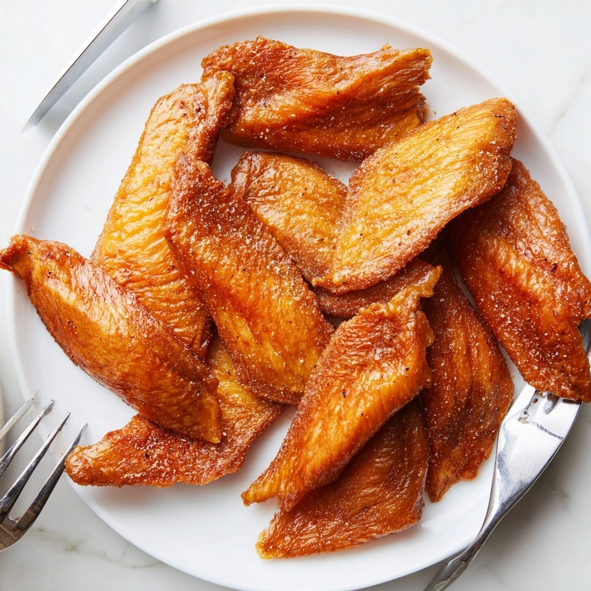 Hot, fresh Crispy Chicken Skin—imagine the salty, smoky aroma; a delicious, crunchy snack.