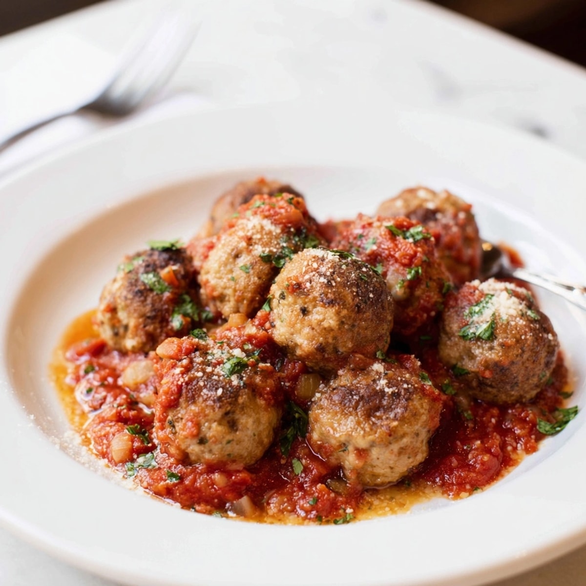 Homemade Turkey Meatballs in Marinara, garnished with basil, ready to be plated and savored.