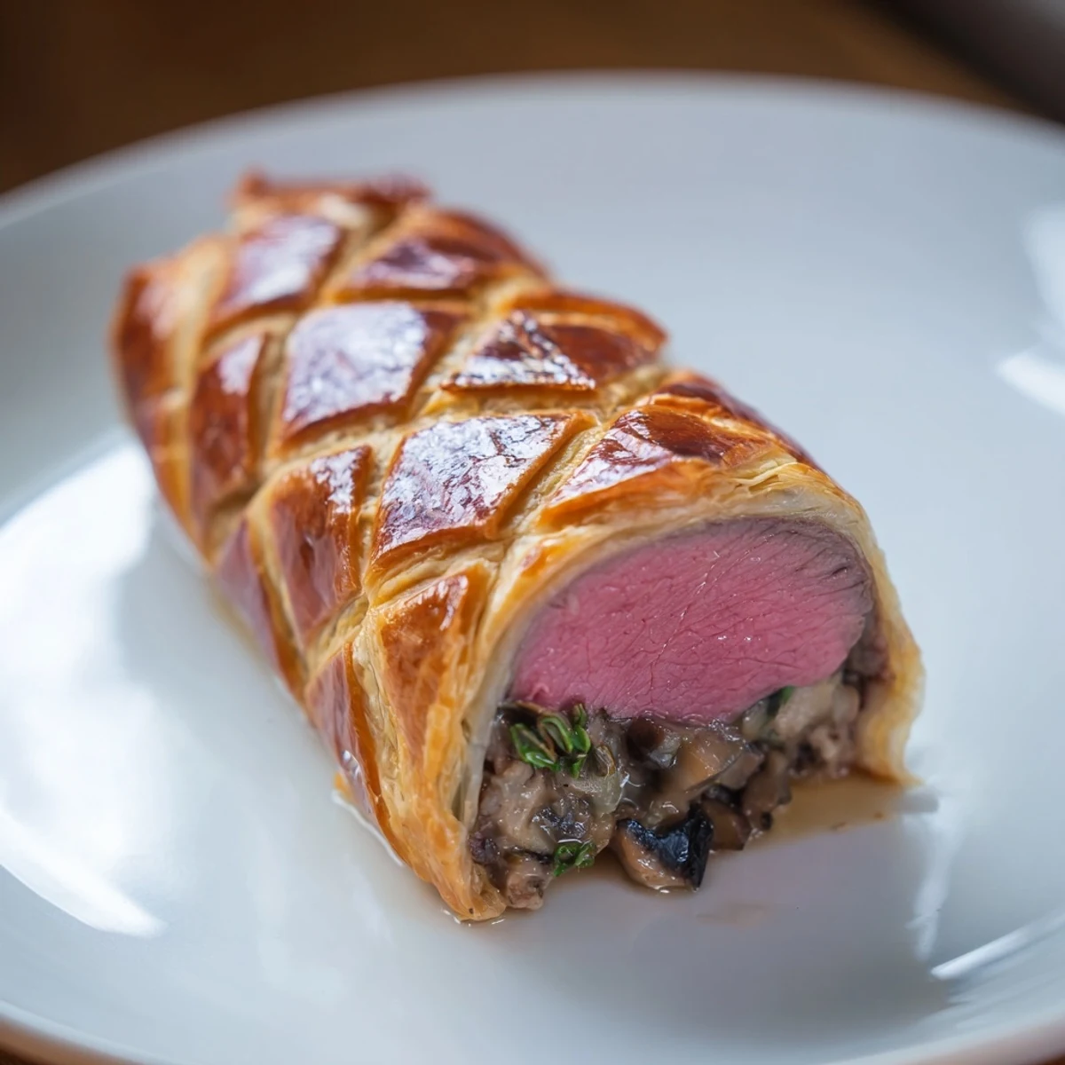 Golden, flaky pastry envelops a sliced Beef Wellington, revealing tender steak and mushroom layers.