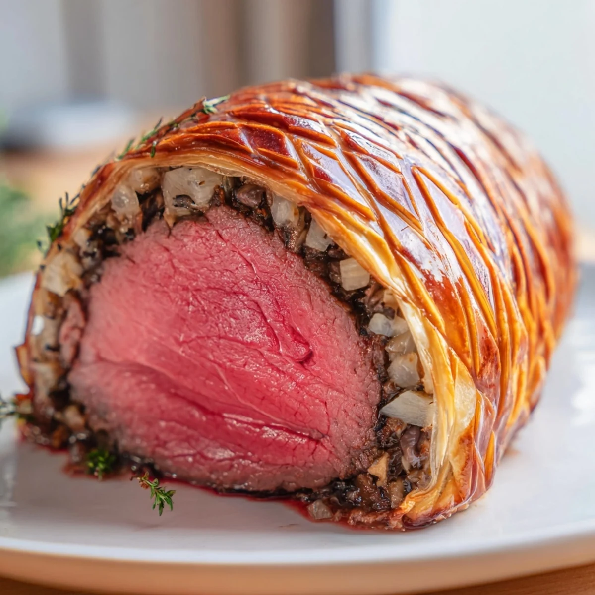 A perfectly baked Beef Wellington, showcasing a beautiful golden crust with a savory interior.