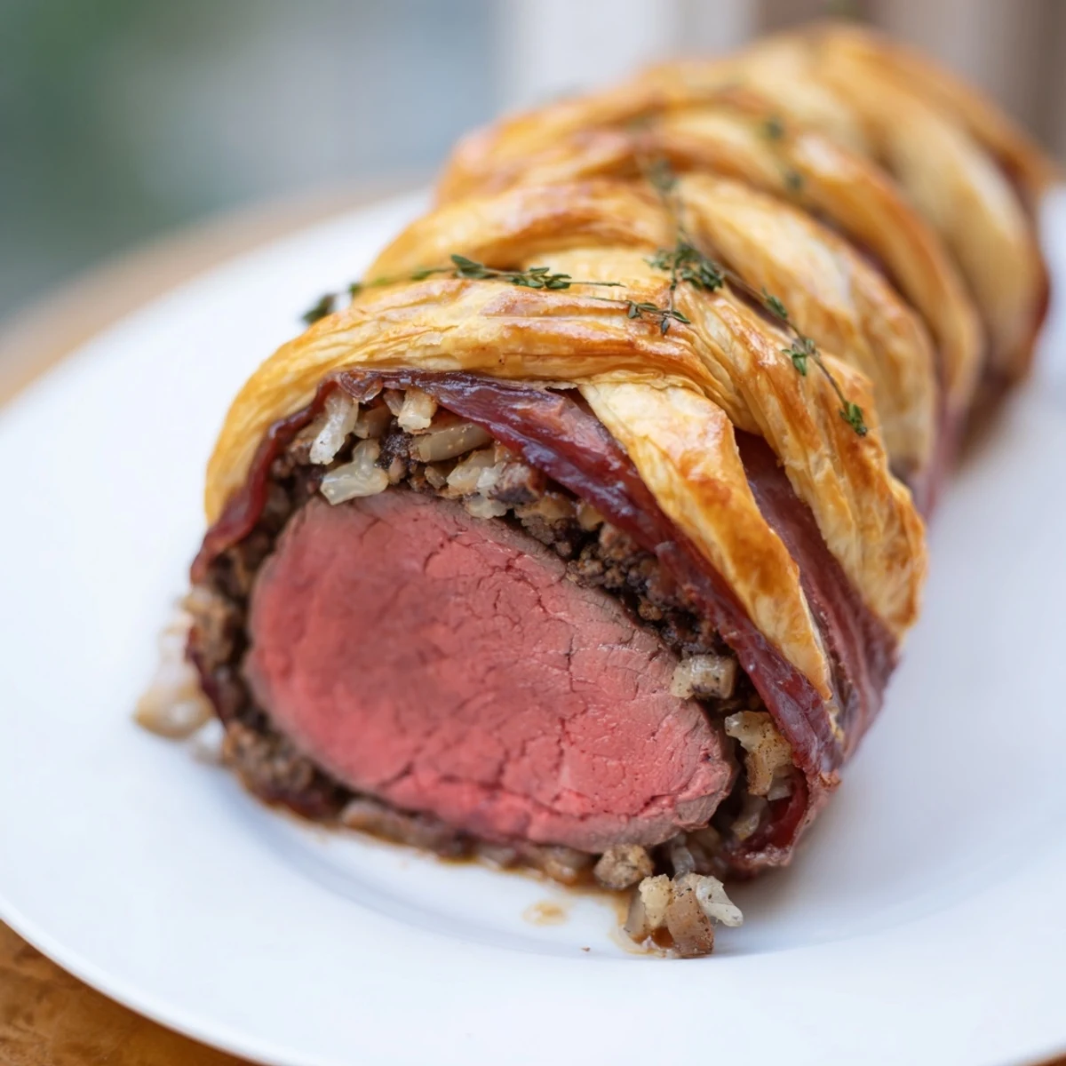 This elegant Beef Wellington features a juicy steak, wrapped in flavorful duxelles and pastry for dinner.