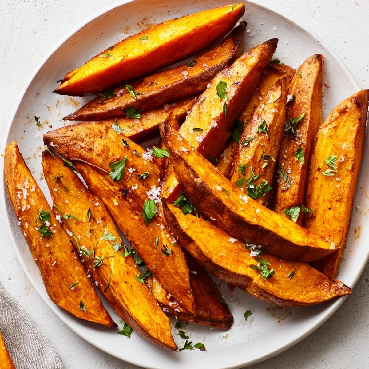 A close-up of crispy oven-baked sweet potato wedges, seasoned with paprika and spices for a tasty side.