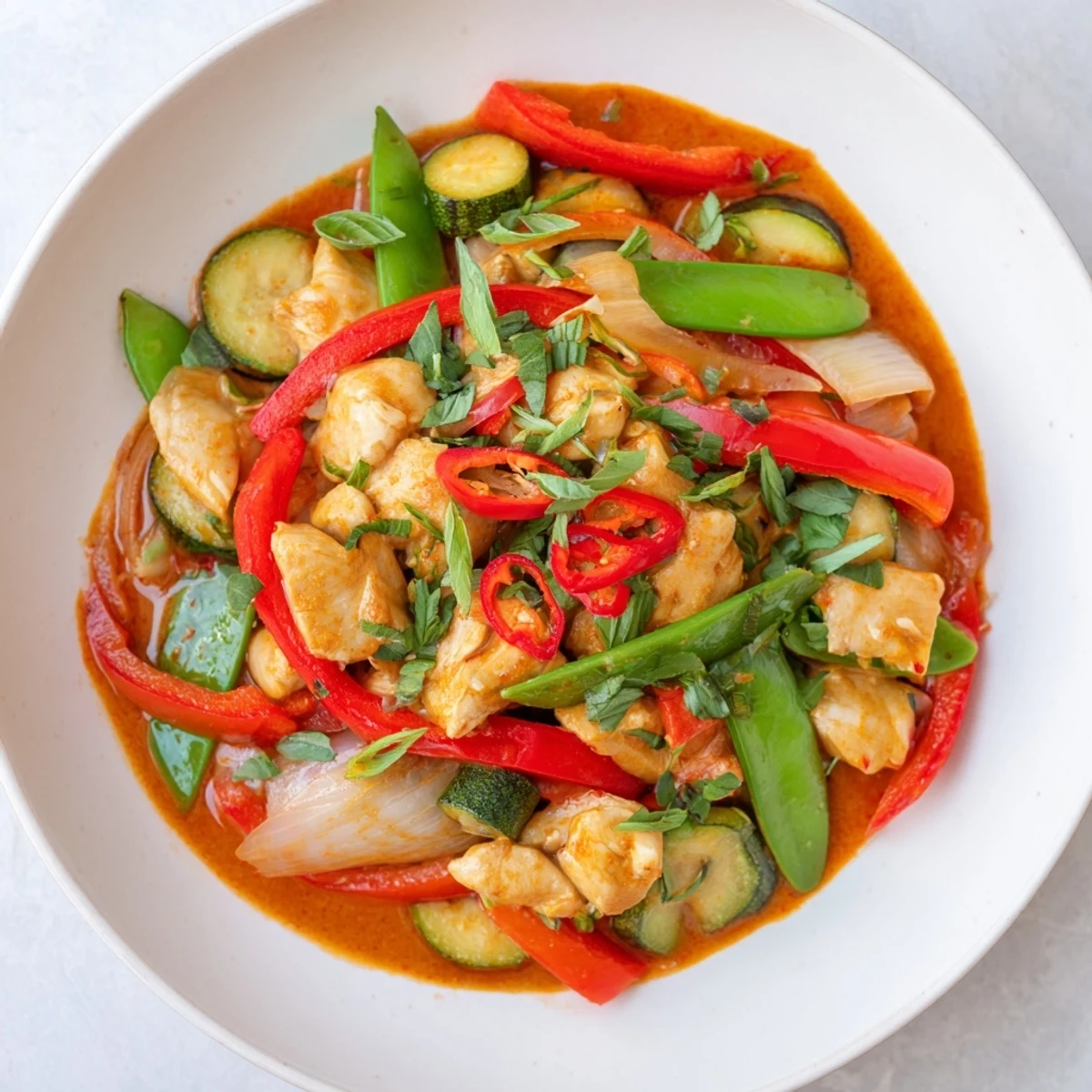 Steaming Spicy Thai Red Curry with Chicken, garnished with fresh herbs and served over fluffy rice.