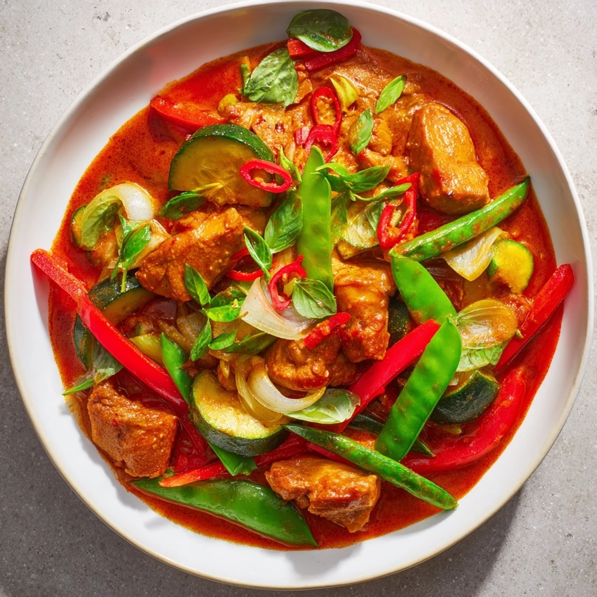 Vibrant photo of Spicy Thai Red Curry with Chicken, showcasing colorful vegetables in creamy sauce.