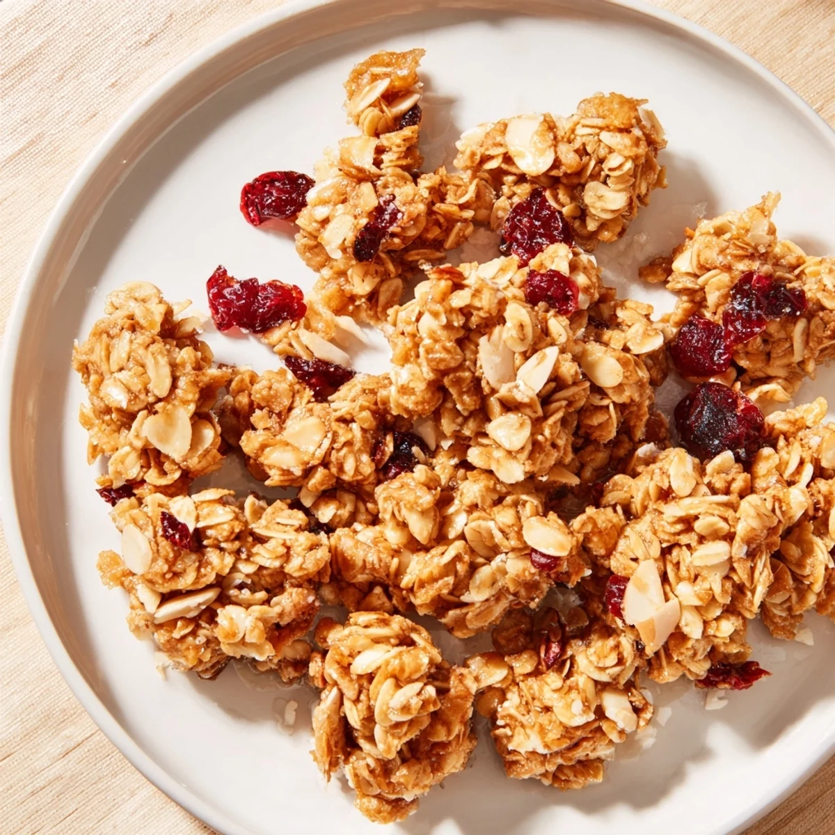 A bowl of homemade cranberry almond granola, featuring toasted almonds and sweet, chewy cranberries.