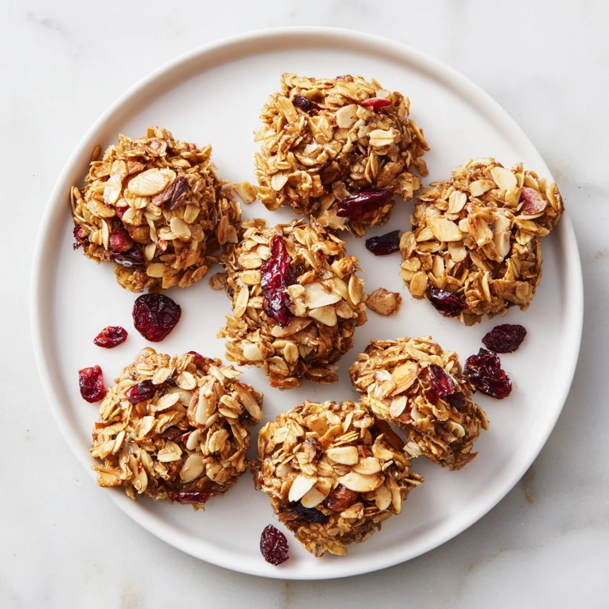 Close-up of freshly baked cranberry almond granola, smelling amazing, with golden clusters ready to eat.