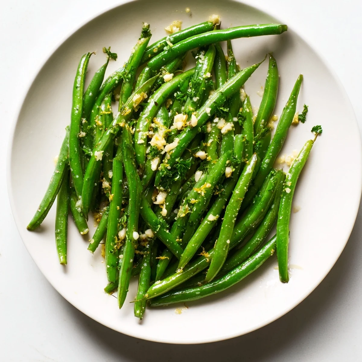 Close-up of freshly made Lemon Garlic Green Beans, zesty and coated in fragrant garlic oil.