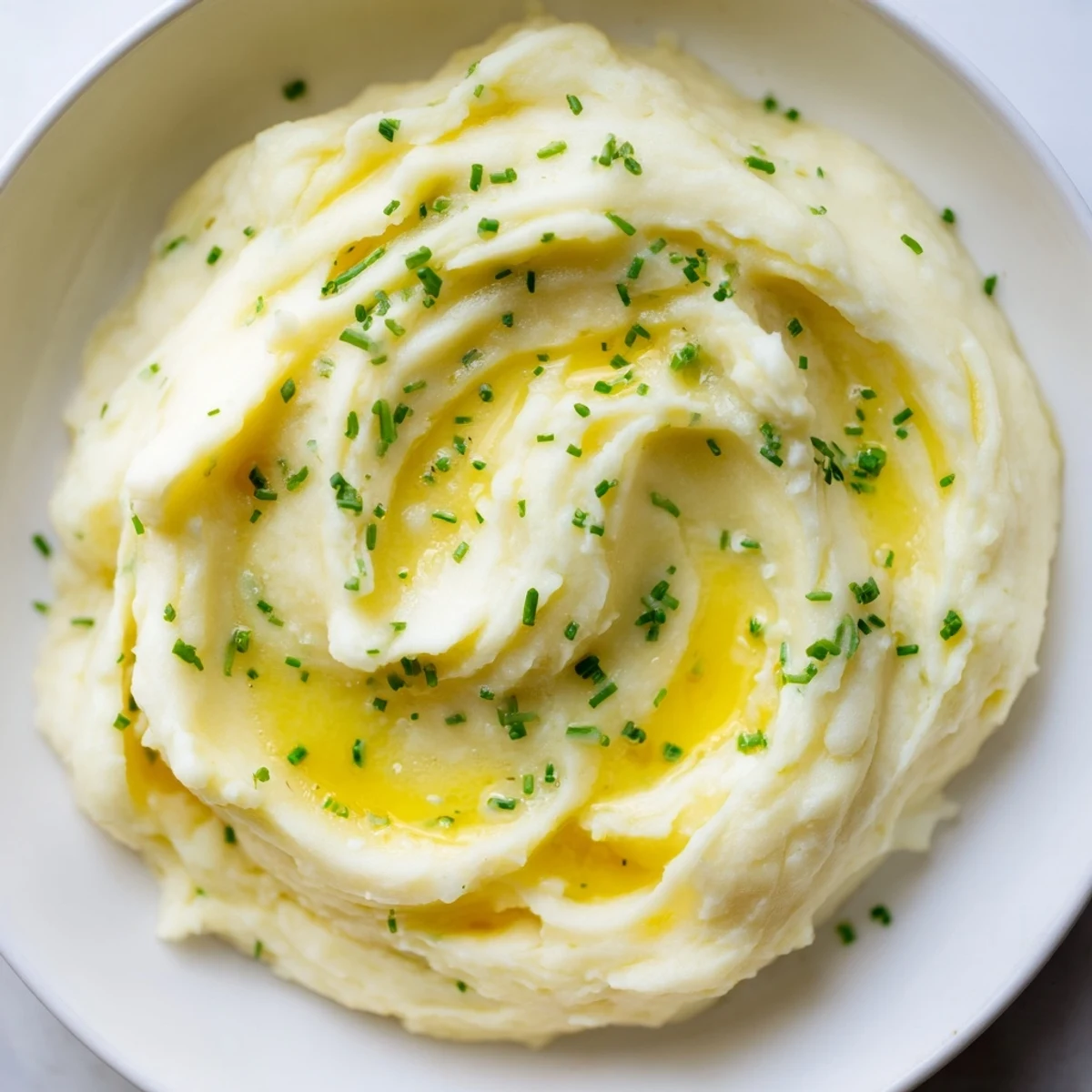 A serving of fluffy, homemade creamy mashed potatoes, garnished with fresh chives, looks delicious.