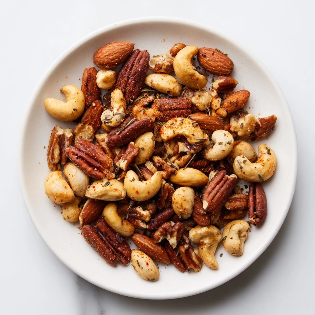 Golden-brown roasted nut mix, a savory snack with herbs, perfect for holiday gatherings or anytime.