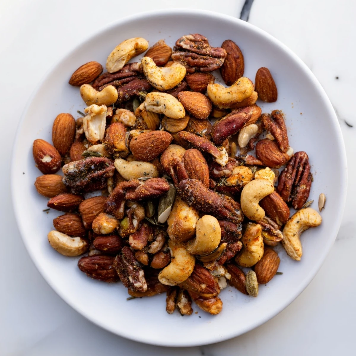 Crispy, aromatic roasted nut mix seasoned with rosemary and paprika, ideal for a gluten-free appetizer.
